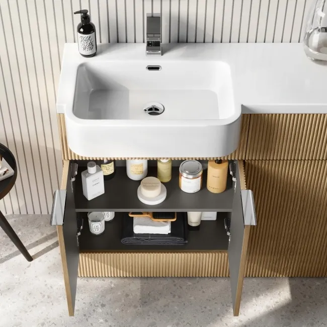 Sicily Fluted Country Oak Combination Vanity Basin and Tucson Toilet 1200mm - Chrome Handles - Left Handed