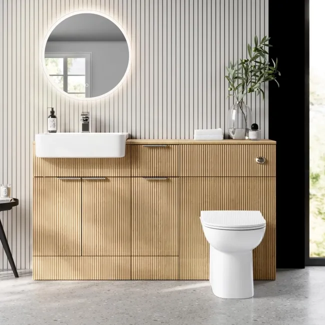 Sicily Fluted Country Oak Combination Vanity Basin and Aruba Toilet 1500mm - Chrome Handles