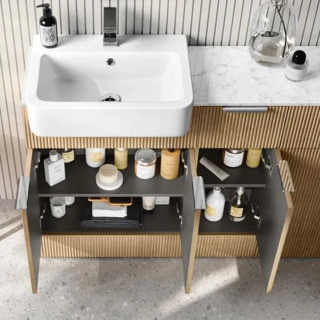 Sicily Fluted Country Oak Combination Vanity Basin with Marble Top & Houston Toilet 1500mm - Chrome Handles