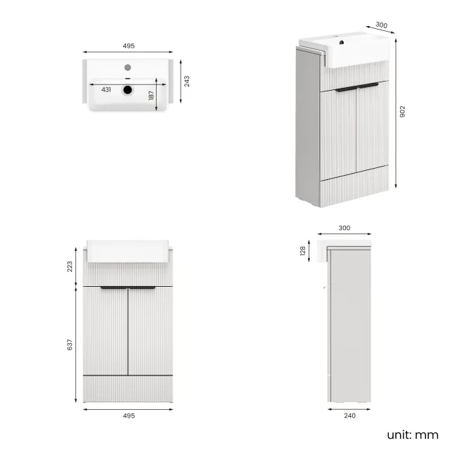 Sicily Fluted Coastal White Vanity with Semi Recessed Basin 500mm - Black Accents