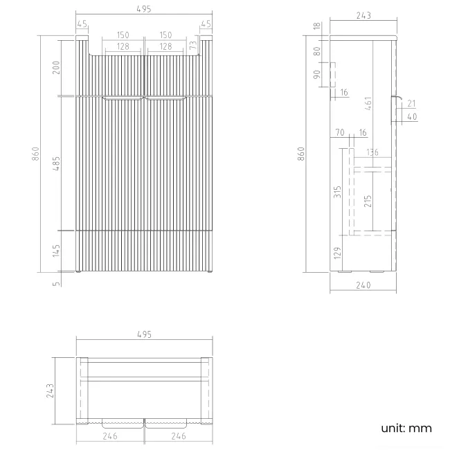 Sicily Fluted Coastal White Vanity and Back To Wall Toilet Unit 1000mm (Excludes Toilet) - Black Accents