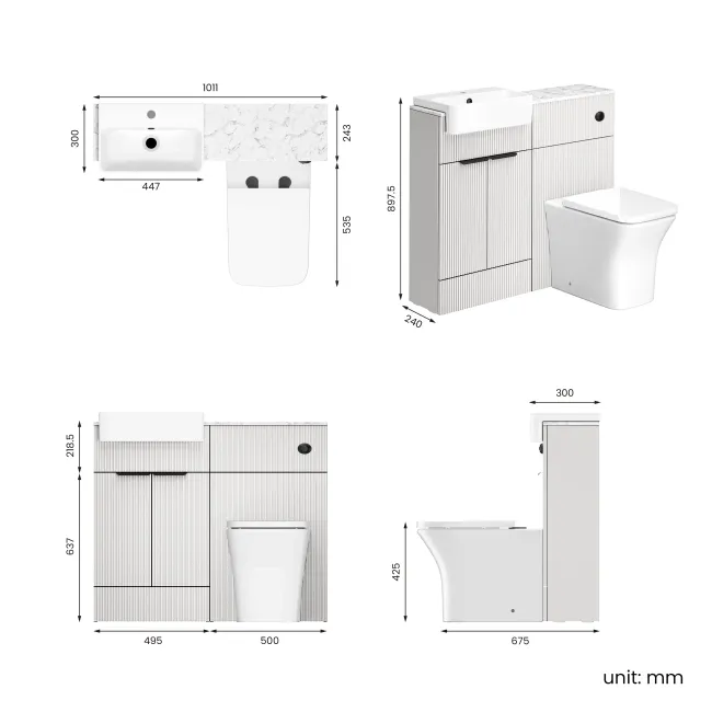 Sicily Fluted Coastal White Combination Vanity Basin with Marble Top & Houston Toilet 1000mm - Black Accents