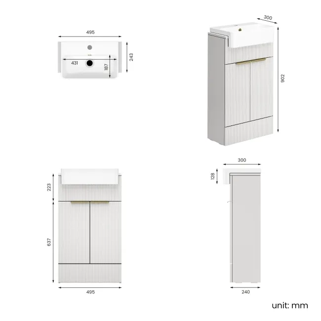 Sicily Fluted Coastal White Vanity with Semi Recessed Basin 500mm - Brushed Brass Accents