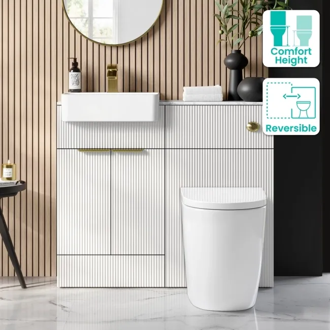 Sicily Fluted Coastal White Combination Vanity Basin with Marble Top & Utah Comfort Height Toilet 1000mm - Brushed Brass Accents