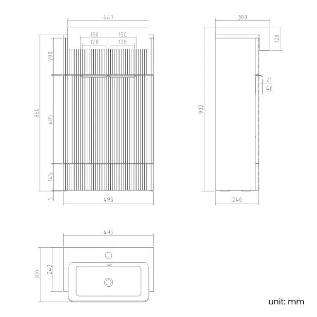 Sicily Fluted Coastal White Vanity with Semi Recessed Basin 500mm - Chrome Handles