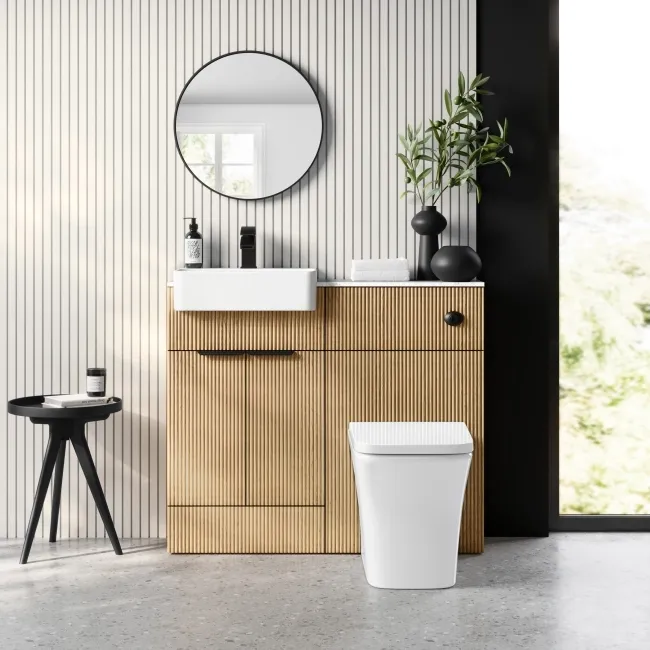 Sicily Fluted Country Oak Combination Vanity Basin with Marble Top & Houston Toilet 1000mm - Black Accents