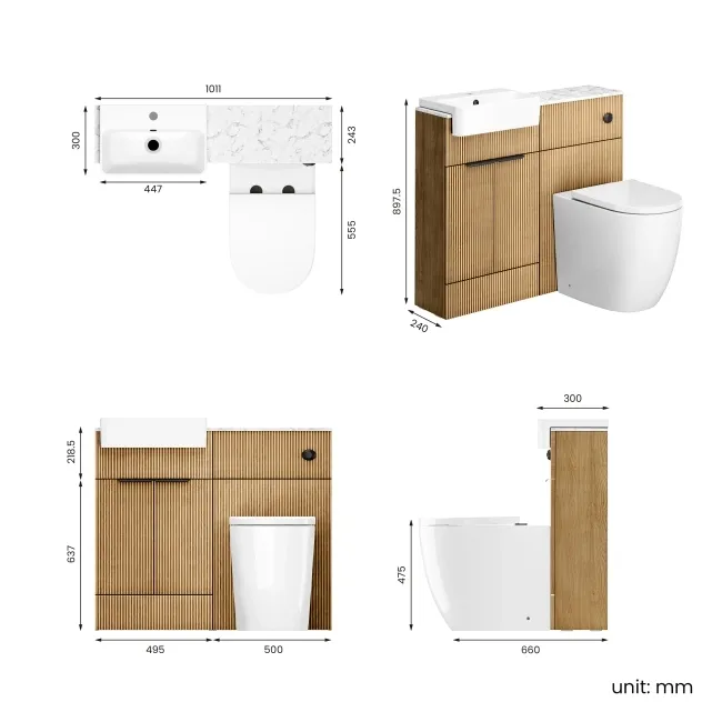 Sicily Fluted Country Oak Combination Vanity Basin with Marble Top & Utah Comfort Height Toilet 1000mm - Black Accents