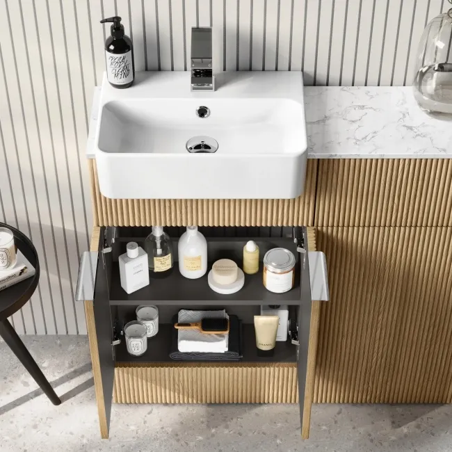 Sicily Fluted Country Oak Combination Vanity Basin with Marble Top & Utah Comfort Height Toilet 1000mm - Chrome Handles