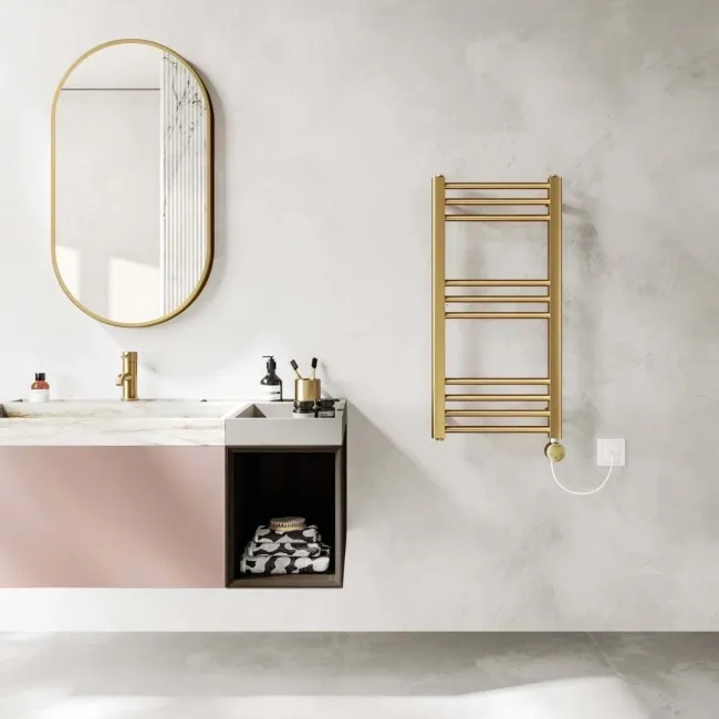 Barcelona Electric Brushed Brass Straight Heated Towel Rail 800x400mm