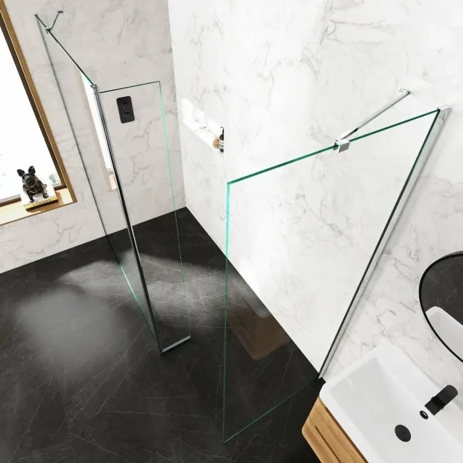 Copenhagen Easy Clean 8mm Walk In Shower Enclosure 1400mm & 700mm Glass with Pivotal Return Panel