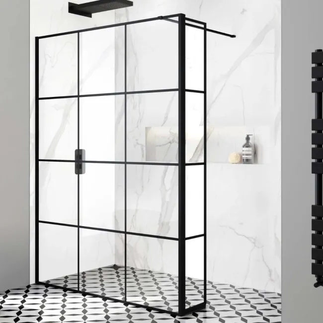 Munich Matt Black Grid 8mm Wet Room Shower Glass 1400mm & 250mm Pivotal Return Panel