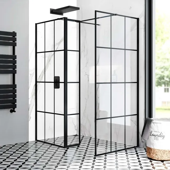 Munich Matt Black Grid 8mm Walk In Shower Enclosure 800mm & 900mm Glass with Pivotal Return Panel