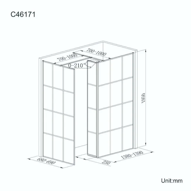 Munich Matt Black Grid 8mm Walk In Shower Enclosure 1400mm & 700mm Glass with Pivotal Return Panel