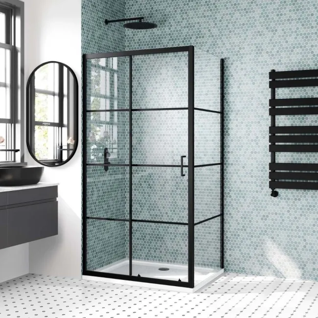 London Matt Black Grid 6mm Sliding Shower Enclosure 1000x800mm