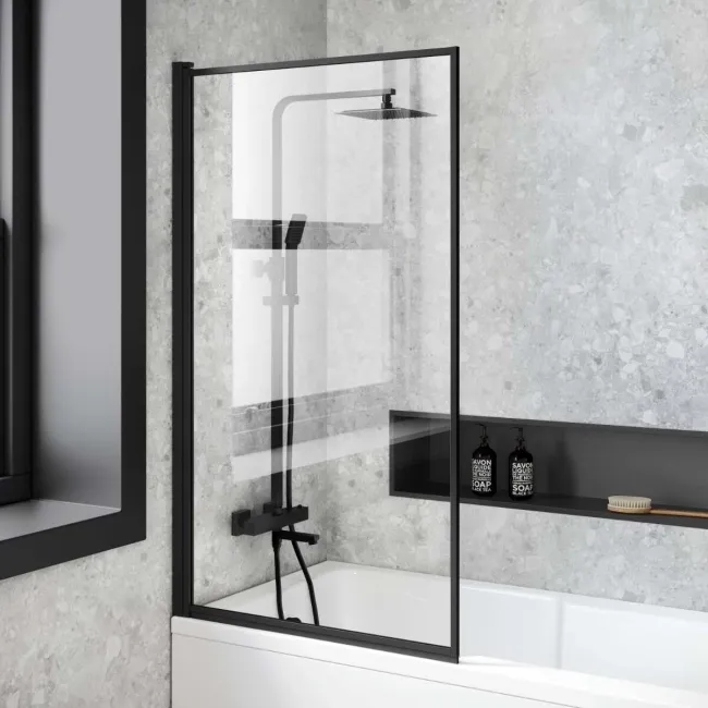 Dover 1500x750 Keyhole Shower Bath & 6mm Easy Clean Matt Black Framed Bath Screen