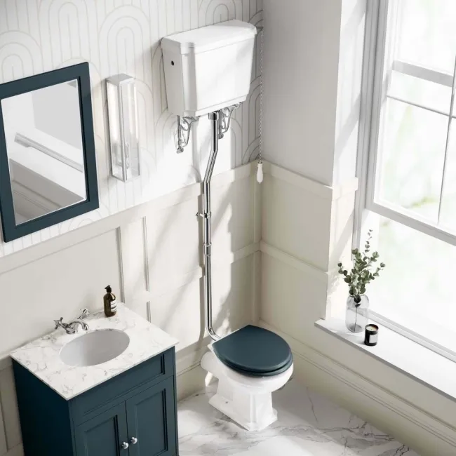Hudson Traditional Toilet With High-Level Cistern and Inky Blue Wooden Seat