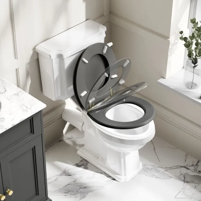 Hudson Traditional Close Coupled Toilet With Graphite Grey Wooden Seat - Brushed Brass Lever