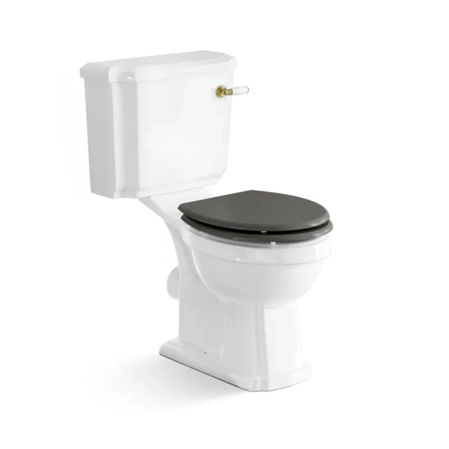 Hudson Traditional Close Coupled Toilet With Graphite Grey Wooden Seat - Brushed Brass Lever