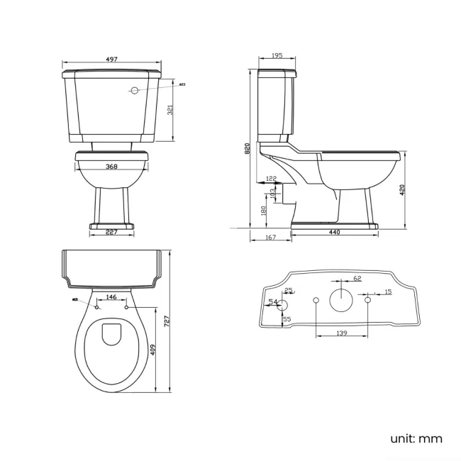 Hudson Traditional Close Coupled Toilet With Inky Blue Wooden Seat - Brushed Brass Lever