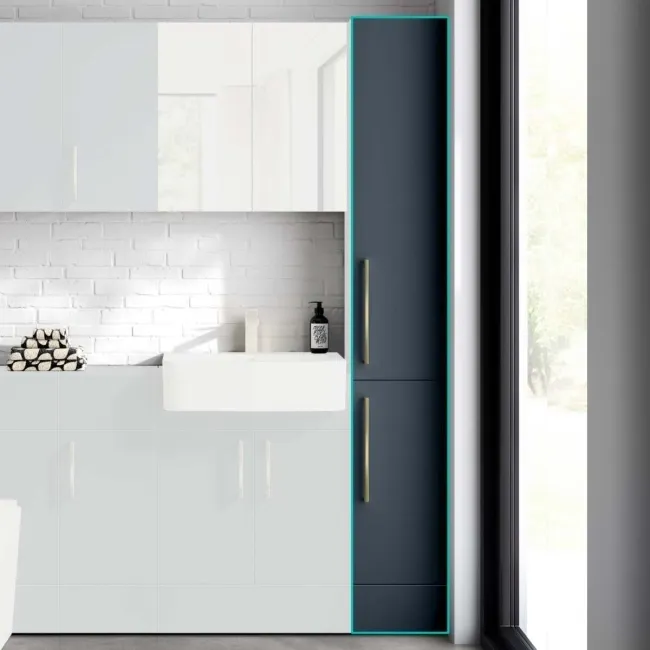 Harper Navy Blue Floor Standing Tall Cabinet 1900x300mm - Brushed Brass Accents