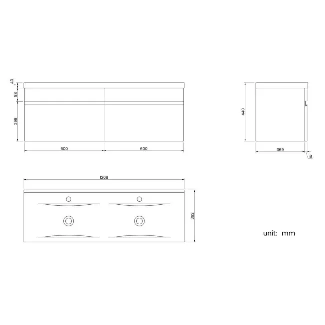 Trent Stone Grey Wall Hung Double Basin Drawer Vanity 1200mm