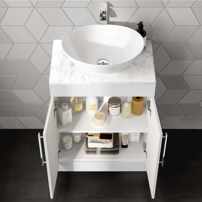 Avon Gloss White Vanity with Marble Top & Oval Counter Top Basin 600mm