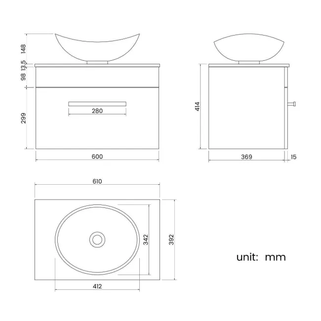 Avon Stone Grey Wall Hung Drawer Vanity with Marble Top & Oval Counter Top Basin 600mm
