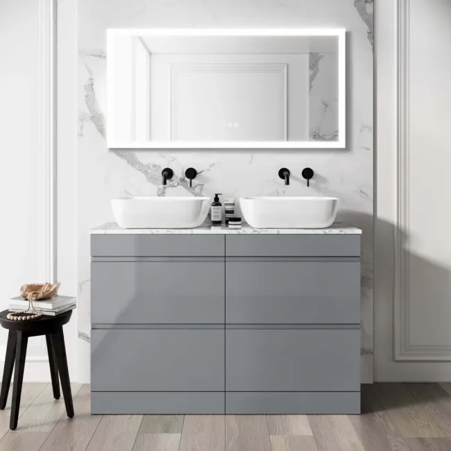 Trent Stone Grey Double Vanity Drawer with Marble Top & Curved Counter Top Basin 1200mm