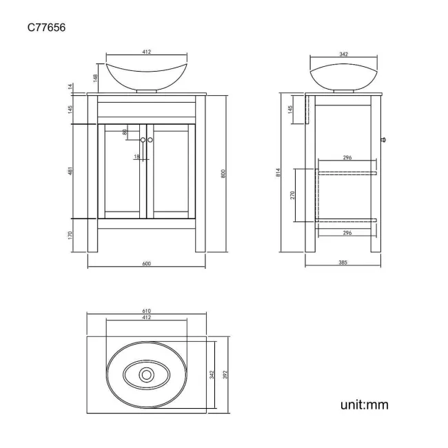 Bermuda Graphite Grey Vanity with Marble Top & Oval Counter Top Basin 600mm