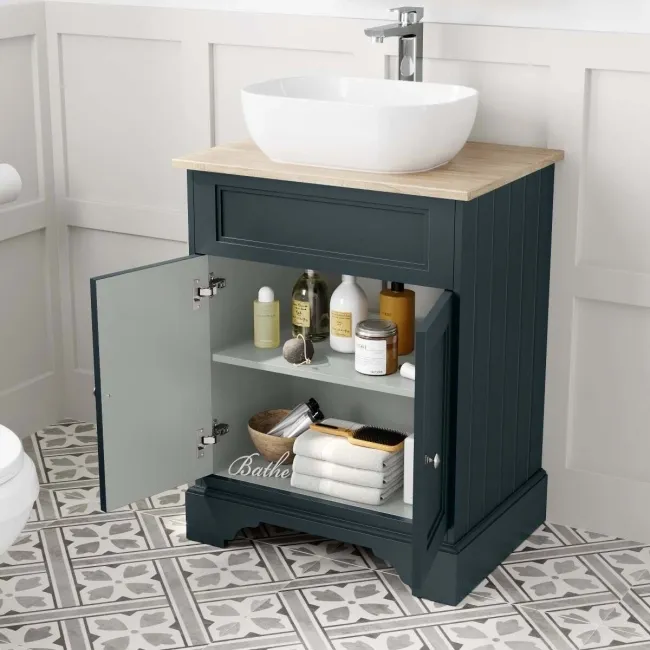 Lucia Inky Blue Vanity with Oak Effect Top & Curved Counter Top Basin 640mm