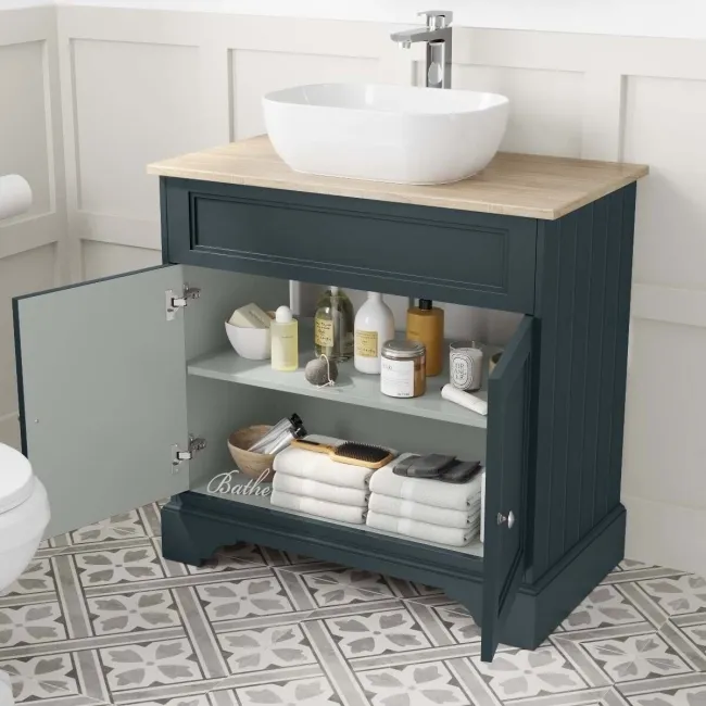 Lucia Inky Blue Vanity with Oak Effect Top & Curved Counter Top Basin 840mm