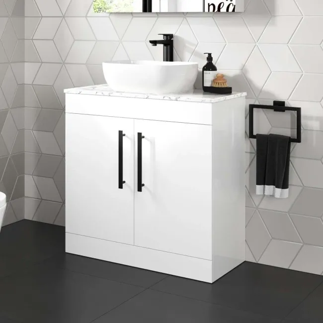 Avon Gloss White Vanity with Marble Top & Curved Counter Top Basin 800mm - Black Accents