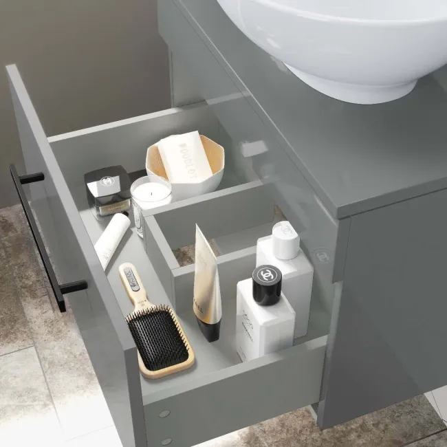 Avon Stone Grey Wall Hung Drawer Vanity with Oval Counter Top Basin 600mm - Black Accents