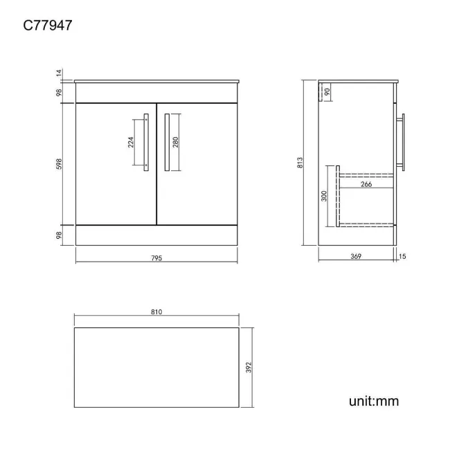 Avon Stone Grey Counter Top Vanity with Marble Top 800mm - Black Accents