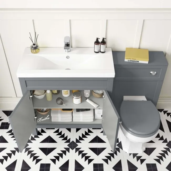 Bermuda Dove Grey Combination Vanity Basin and Hudson Toilet with Wooden Seat 1300mm