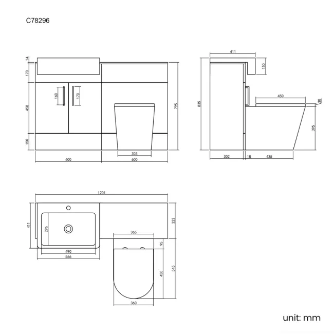 Harper Charcoal Elm Combination Vanity Basin with Marble Top & Boston Toilet 1200mm - Black Accents