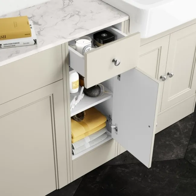 Monaco Chalk White Combination Vanity Basin with Marble Top and Hudson Toilet with Wooden Seat 1500mm