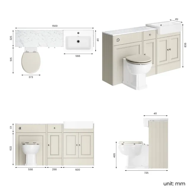 Monaco Chalk White Combination Vanity Basin with Marble Top and Hudson Toilet with Wooden Seat 1500mm