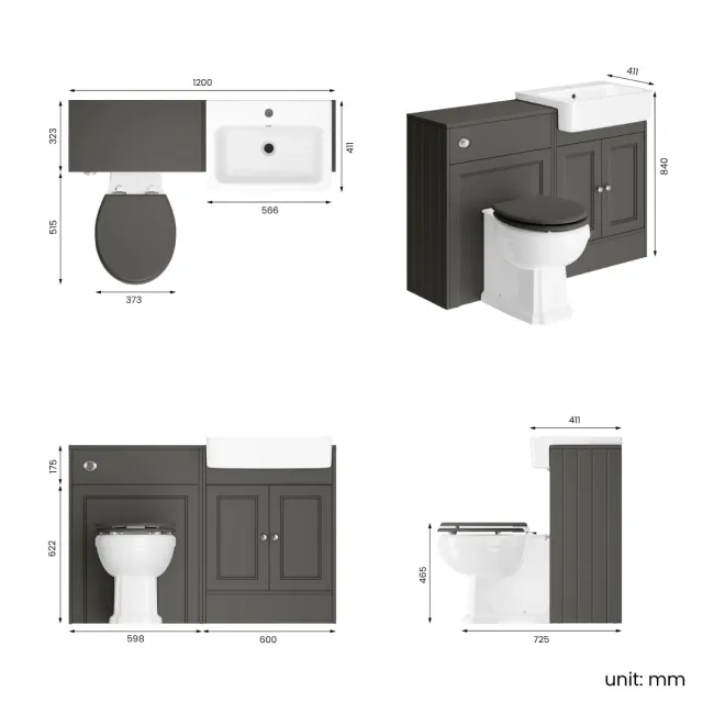 Monaco Graphite Grey Combination Vanity Basin and Hudson Toilet with Wooden Seat 1200mm