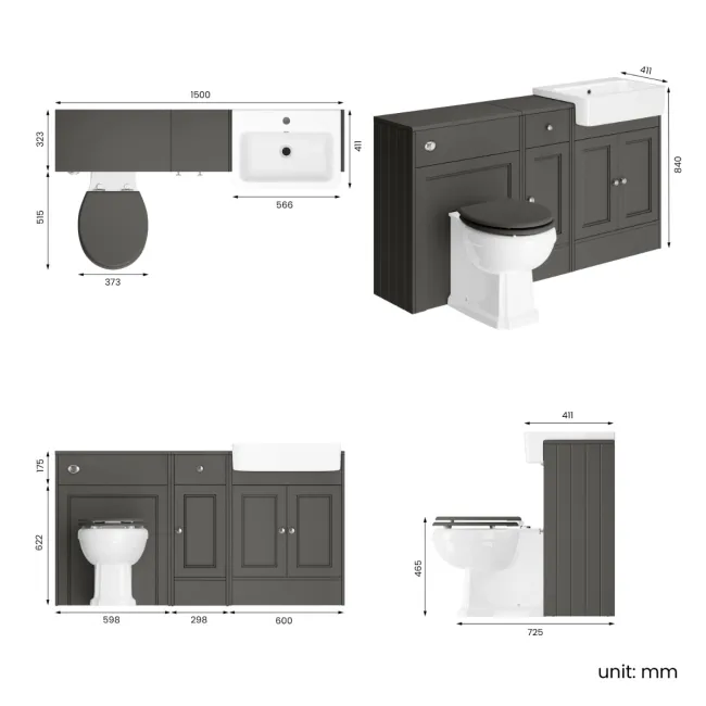 Monaco Graphite Grey Combination Vanity Basin and Hudson Toilet with Wooden Seat 1500mm