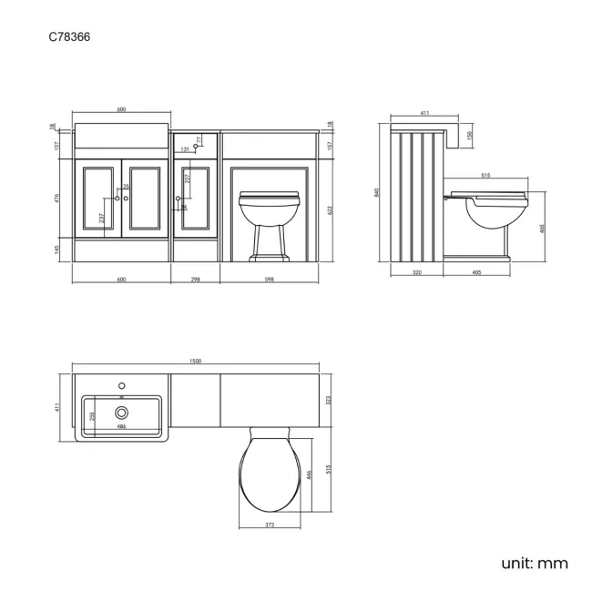 Monaco Graphite Grey Combination Vanity Basin and Hudson Toilet with Wooden Seat 1500mm