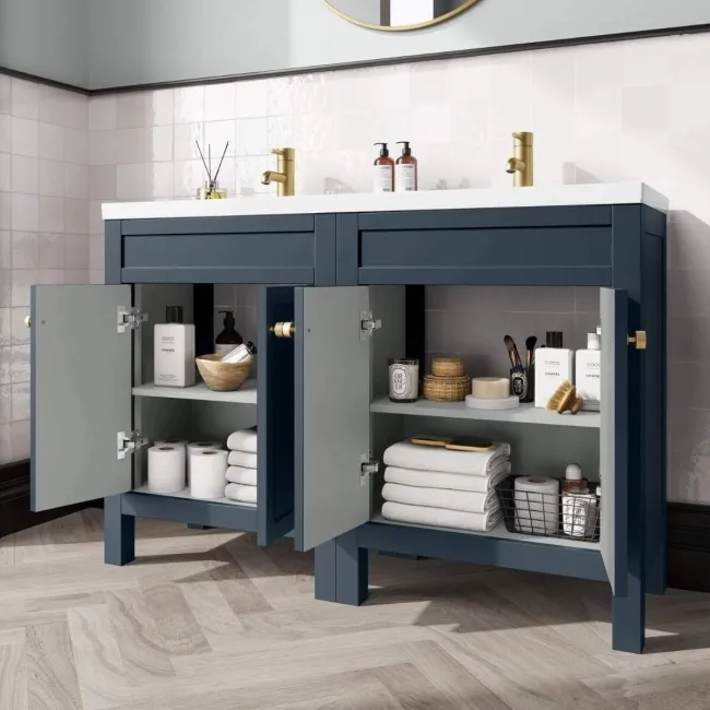 Bermuda Inky Blue Double Basin Vanity 1200mm - Brushed Brass Accents