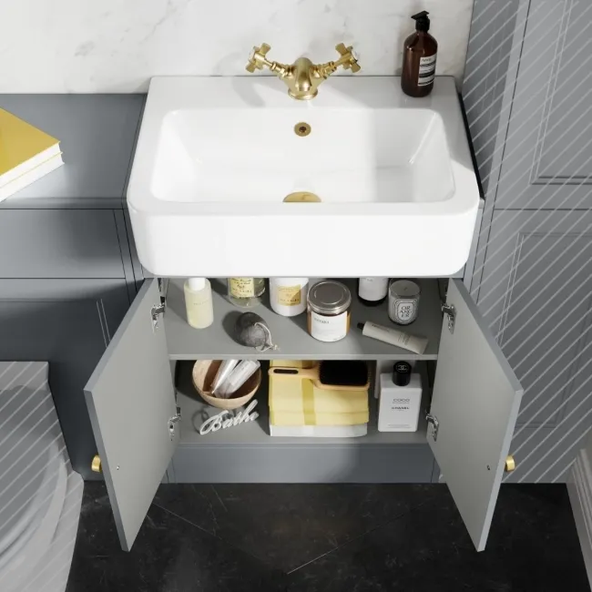 Monaco Dove Grey Basin Vanity and Back To Wall Toilet Unit 1200mm (Excludes Pan & Cistern) - Brushed Brass Accents