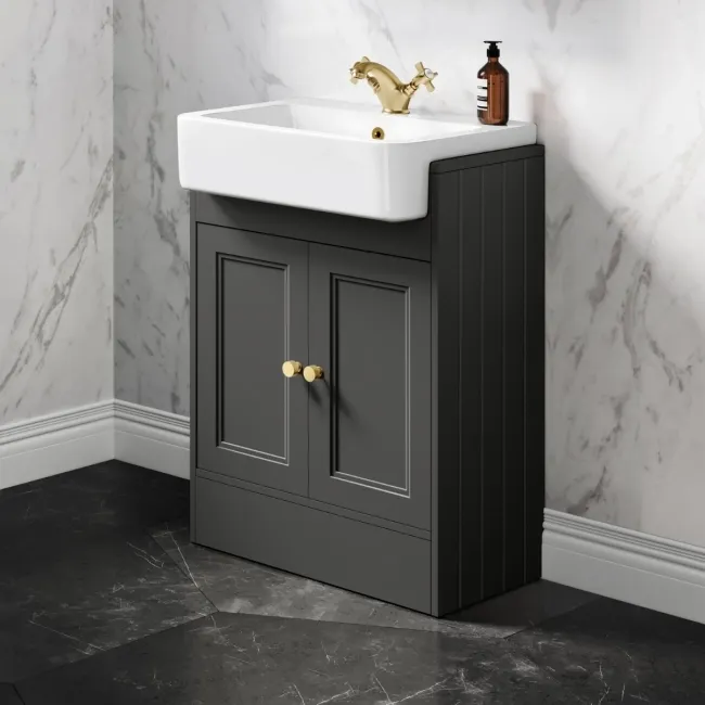 Monaco Graphite Grey Basin Vanity 600mm - Brushed Brass Accents