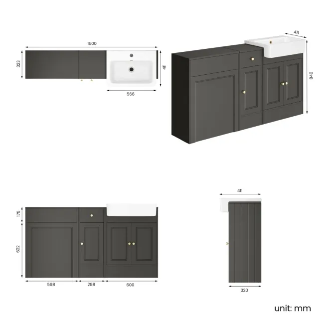 Monaco Graphite Grey Basin Vanity and Back To Wall Unit 1500mm (Excludes Pan & Cistern) - Brushed Brass Accents