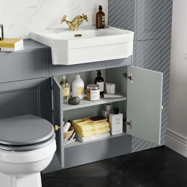 Monaco Dove Grey Combination Vanity Traditional Basin and Hudson Toilet with Wooden Seat 1200mm - Brushed Brass Accents