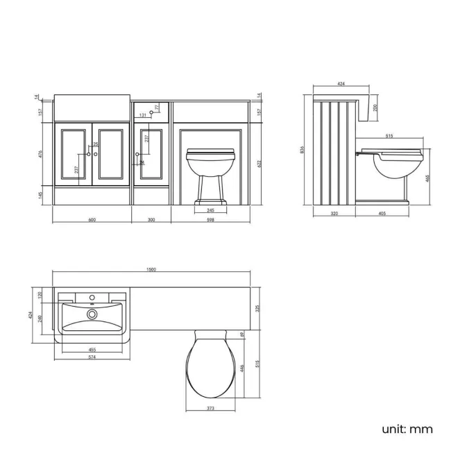 Monaco Graphite Grey Combination Vanity Traditional Basin with Marble Top & Hudson Toilet with Wooden Seat 1500mm - Brushed Brass Accents