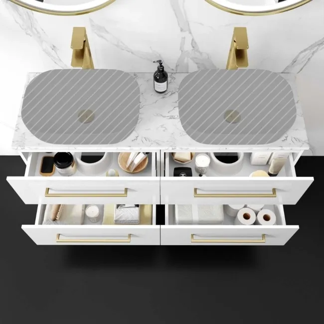 Elba Gloss White Wall Hung Drawer with Marble Top 1200mm Excludes Basins - Brushed Brass Accents