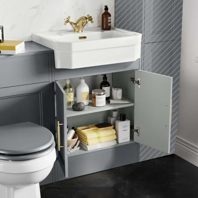 Monaco Dove Grey Combination Vanity Traditional Basin and Hudson Toilet with Wooden Seat 1200mm - Brass Knurled Handles