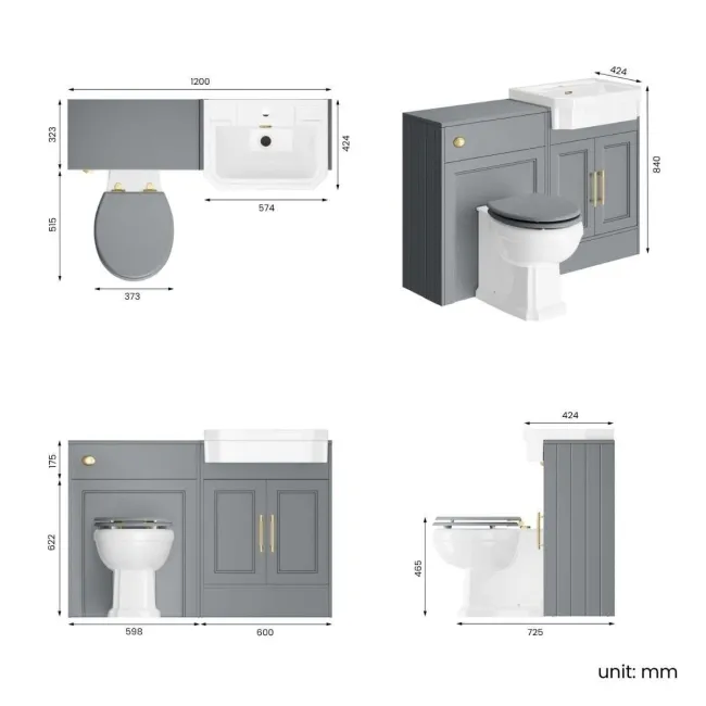 Monaco Dove Grey Combination Vanity Traditional Basin and Hudson Toilet with Wooden Seat 1200mm - Brass Knurled Handles